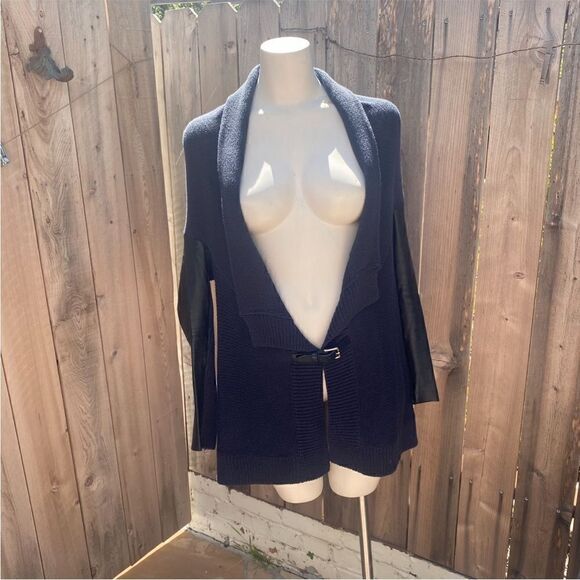 Maje chunky cotton blend cardigan with leather detailing size 2/medium - Picture 2 of 9